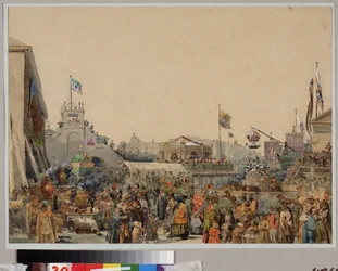 Mässplats på Amiralitetstorget i Sankt Petersburg. Verk av Vasily Semyonovich Sadovnikov (1800-1879), akvarell på papper