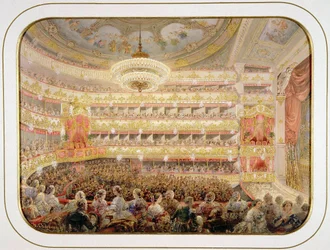 Auditoriet för den kejserliga Bolshoi Kamenny-teatern i Sankt Petersburg av Sadovnikov, Vasily Semyonovich (1800-1879). Akvarell, Gouache på papper, storlek: 35x26