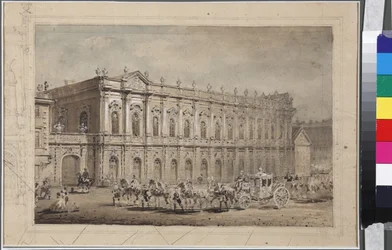 Museum of Court Carriages (Stallmuseet) i St. Petersburg, av Sadovnikov, Vasily Semyonovich (1800-1879). Akvarell på papper
