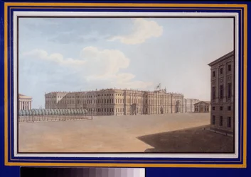 Utsikt över Winter Square från Neva Avenue (Nevsky Prospect), Sankt Petersburg. Verk av Vasily Semyonovich Sadovnikov (1800-1879), akvarell på papper