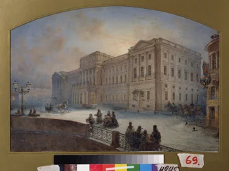 Vy över Marlinsky Palace på vintern (Saint Petersburg). Verk av Vasily Semyonovich Sadovnikov (1800-1879), akvarell på papper