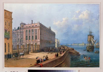 Utsikt över vallen av Neva och marmorpalatset i Sankt Petersburg. Verk av Vasily Semyonovich Sadovnikov (1800-1879), akvarell på papper