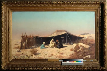 Araber i öknen, Koranstudie - Målning av Vasili Vasilyevich Vereshchagin (Vassili Vereshchagin) (1842-1904), olja på duk, rysk konst 1800-1900-talet - Statens konstmuseum, Odessa (Ukraina)