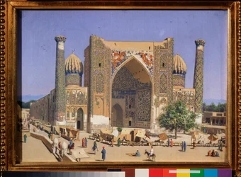 The Sherdar Madrasah at the Registan Square in Samarkand (The Sherdar Madrasah at the Registan Square in Samarkand) - Målning av Vasili Vasilyevich Vereshchagin (Vassili Vereshchagin) (1842-1904), olja på duk