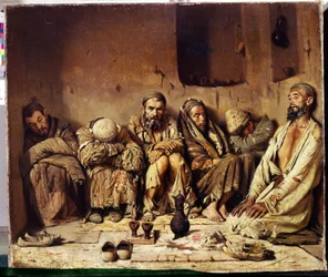 Orientalism: opiumrökare som sitter på en gata i Mellanöstern (Opiumrökare). Målning av Vasili Vasilyevich Vereschagin (Vereshchagin, Vereshchagin) (1842-1904)