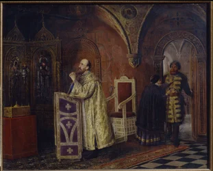 Tsar Ivan IV den förskräcklige (1530-1584) ber (Tsar Ivan IV den fruktansvärda som ber). Målning av Vasili Vladimirovich Pukirev (Vassili Poukirev) (1832-1890), olja på duk