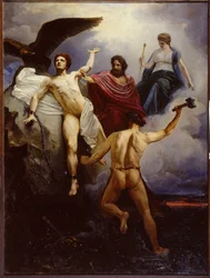 Vulcan chaining Prometheus (Vulcanus Chaining Prometheus). Målning av Vasily Yevmenievich Savinsky (1859-1937), olja på duk 1881. Museum of Fine Arts Academy, Sankt Petersburg.