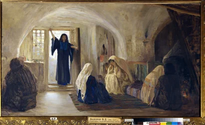 Triggering Tears of Joy (En strålande ung kvinna går in i ett hus där alla sitter och mopar och gråter) (Inledde en tårfylld glädje) - Målning av Vasili Dmitrievich Polenov (1844-1927), olja på duk (80x141 cm),1899-1905 - Stat