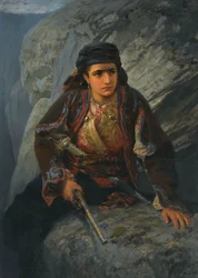 ""Le guet"" (Utsikten) Ung kvinna håller vakt med en pistol i handen - Målning av Vassili Polenov (1844-1927)