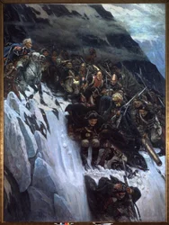 Italiensk kampanj (1799-1800): Alexander Suvorovs (Suwarow eller Souwarow Rimniski eller Rimnitskoi) marsch (1729-1800) och ryska trupper genom Alperna 1799 - Suvorovs marsch genom Alperna 1799 - Målning av Vasily Ivanovich Surikov