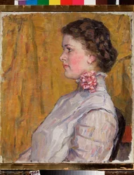 Porträtt av en kvinna på en gul bakgrund (Kvinnoporträtt på en gul bakgrund) - Målning av Vasilli Ivanovich Surikov (Vasily Surikov eller Vassili Surikow) (1848-1916), olja på duk