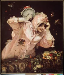 Karnevalsscen i Rom (Italien) (En ung kvinna som lutar sig på en balkong, tar emot och kastar buketter) - Karnevalsscen i Rom - Målning av Vasilli Ivanovich Sourikov (Vasily Surikov eller Vassili Surikow) (1848-1916), olja på webben