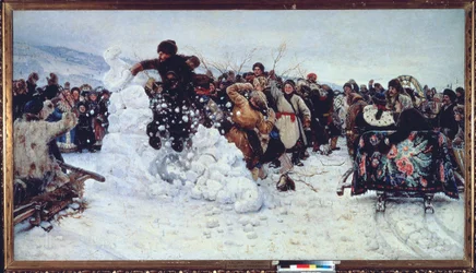 Storm of Snow Fortress (populär scen för glädje under ortodox fastaveckan, maslenitsa) - Målning av Vasilli Ivanovich Surikov (Vasily Surikov eller Vassili Surikow) (1848-1916), olja på duk