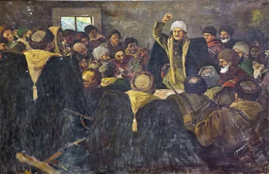 Grigory Konstantinovitch Ordjonikidze (1886-1937) - Sergo Ordzhonikidze i norra Kaukasus par Krotkov, Vasily Anfimovich (1880-1939). Olja på duk, storlek: 100x150