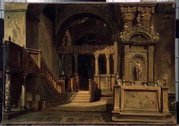 Interiör av Markuskyrkan (Basilica di San Marco) i Venedig. Målning av Vasili Grigorievich Khudyakov (1826-1871). Olja på duk, 29,5 x 41 cm