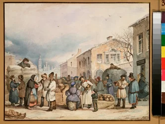 Hömarknadsplatsen i Sankt Petersburg - Verk av Vasili Ivanovich Shternberg (1818-1845), akvarell på papper