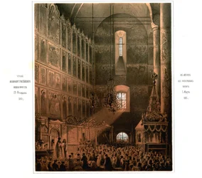 Tillkännagivandet av livegnas frigörelsemanifest i Dormition-katedralen den 5 mars 1861, 1861
