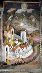 December: skogshuggarna samlar ihop veden och för den tillbaka till staden Trento där muren och slottet Buonconsiglio är representerade. Målning av Månadernas Mästare eller Mästare Wenceslas (Maestro dei Mesi eller Maestro Wenceslao på italienska, börjar