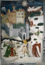 Januari månad: snölandskap med aristokrater och jägare. Aristokrater spelar snöbollar medan jägare går på jakt med sina hundar. Längst ner är slottet Castello di Stenico och en man med nyckeln är redo att öppna fästningsdörren. Målning av Mas