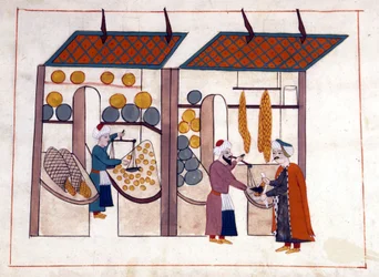 En frukt- och grönsakshandlare (fyra årstider) i Konstantinopel, Turkiet under det osmanska riket. Miniatyr från "" Turkish Memorials"" (codex Cicogna 1971 "Memorie Turchesche") Akvarell från 1600-talets venetianska skola.