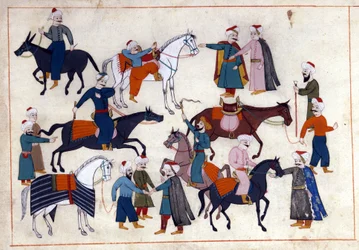 En hästmarknad i Turkiet under det osmanska riket. Miniatyr från "" Turkish Memorials"" (codex Cicogna 1971 "Memorie Turchesche") Akvarell från 1600-talets venetianska skola.