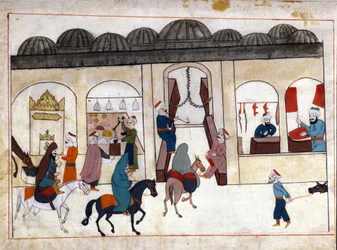 En marsch från Konstantinopel. Miniatyr från "" Turkish Memorials"" (codex Cicogna 1971 "Memorie Turchesche") Akvarell från 1600-talets venetianska skola.