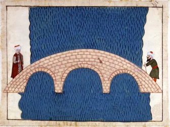 Konstantinopel. Galatabron. Miniatyr från "" Turkish Memorials"" (codex Cicogna 1971 "Memorie Turchesche") Akvarell från 1600-talets venetianska skola.
