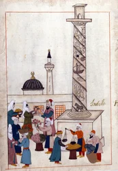 Konstantinopel; basaren (eller promenader) nära obelisken. Miniatyr från "" Turkish Memorials"" (codex Cicogna 1971 "Memorie Turchesche") Akvarell från 1600-talets venetianska skola.