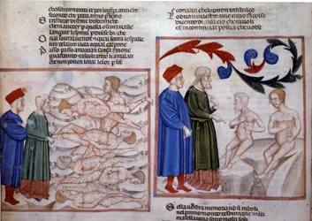 Dante och Vergilius i samtal med Grifolino från Arezzo och Capocchio från Siena. 1300-talet (miniatyr)