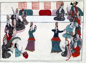 Musiker och dansare under det osmanska riket. Miniatyr från "" Turkish Memorials"" (codex Cicogna 1971 "Memorie Turchesche") Akvarell från 1600-talets venetianska skola.