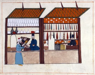 Butiker (kryddhandlare) i Konstantinopel, Turkiet under det osmanska riket. Miniatyr från "" Turkish Memorials"" (codex Cicogna 1971 "Memorie Turchesche") Akvarell från 1600-talets venetianska skola.
