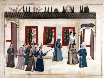 Sultanen besöker favoriten med modern och hövdingen för eunuckerna. Miniatyr från "" Turkish Memorials"" (codex Cicogna 1971 "Memorie Turchesche") Akvarell från 1600-talets venetianska skola.