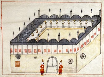 Utsikt från utsidan av en karavan i Andrinopel (nuvarande Edirne) i Turkiet under det osmanska riket. Miniatyr från "" Turkish Memorials"" (codex Cicogna 1971 "Memorie Turchesche") Akvarell från 1600-talets venetianska skola.