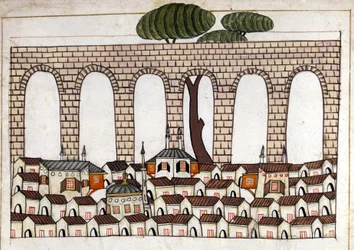 Vy över Konstantinopel och dess akvedukt. Miniatyr från "" Turkish Memorials"" (codex Cicogna 1971 "Memorie Turchesche") Akvarell från 1600-talets venetianska skola.