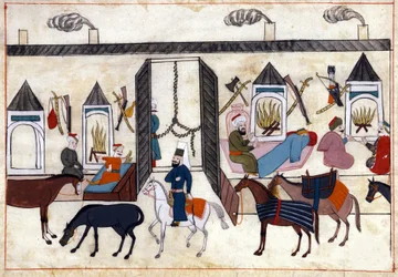 Vy över det inre av en husvagn i Turkiet under det osmanska riket. Miniatyr från "" Turkish Memorials"" (codex Cicogna 1971 "Memorie Turchesche") Akvarell från 1600-talets venetianska skola.