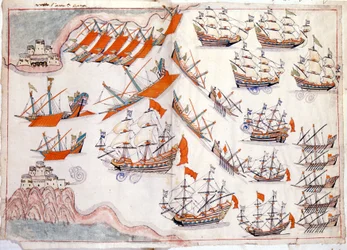 Krig mellan Venedig och Osmanska riket: Slaget vid Dardanellerna som såg den venetianske kaptenen Lorenzo Marcellos seger 1655 (akvarell)