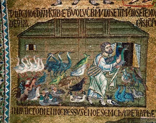 Bysantinsk arkitektur: Noa för in djuren i arken före syndafloden, mosaik utförd av venetianska konstnärer, 1200-talet, Markuskyrkan, Venedig