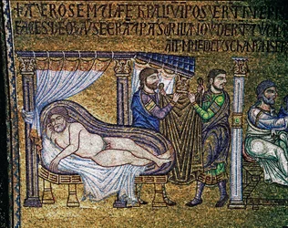 Bysantinsk arkitektur: "The Drunkenness of Noe""" mosaik gjord av venetianska konstnärer Basilica di San Marco från 1200-talet