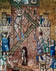 Bysantinsk arkitektur: ”Bygget av Babels torn”. På byggplatsen lägger murarna, stående på byggnadsställningar, tornets stenar. Mosaik utförd av venetianska konstnärer, 1200-talet, Basilica di San Marco (Markuskyrkan), Venedig