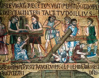 Bysantinsk arkitektur: "" konstruktionen av Babels torn"" På platsen såg arbetare och snickare brädor. Mosaik gjord av venetianska konstnärer Basilica di San Marco från 1200-talet