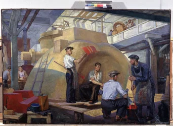 Exemplarisk konstruktion (Modelkonstruktion). Målning av Veniamin Pavlovich Belkin (1884-1951), olja på duk, cirka 1930. Rysk konst, 1900-talet. Sovjetisk propaganda. Regionala M.Vrubel konstmuseum, Omsk (Ryssland)