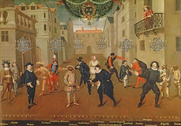 Italienska och franska komiker som spelar i farser, 1670