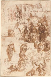 Studier för Judith och Holofernes, David och Goliat, The Finding of Moses och andra [recto]