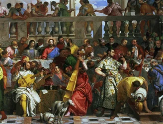 Bröllopsfesten i Cana, detalj av musiker och hundar, c.1562 olja på duk detalj av 94932