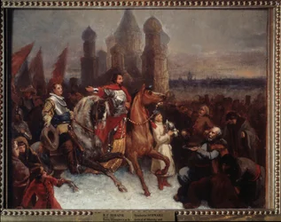 Tsar Vasili IV av Ryssland och greve Jakob de La Gardie (1583-1652) av Ryssland och greve Jacob (Jacques) de la Gardies intåg i Moskva - Målning av Vyacheslav Grigoryevich Schwarz (1838-18)