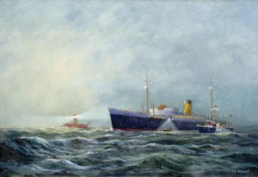 En Pathfinder (tvåsitsig motorbåt) lämnar ett passagerarflygplan framför fyrbåten (lighthouse boat) utanför Harwich (England). Olja på duk av Vic Trevett ()