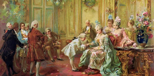 Wolfang Amadeus Mozart (1756-1791) på Madame (Marquise) de Pompadour (Mozarts familj, under Europaturnén) (1763-1766) - Akademisk konst: Presentationen av den unga Mozart till Madame de Pompadour i Versailles 1763 av Paredes, Vicente Gar