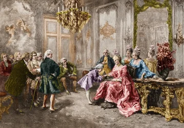 Wolfgang Amadeus Mozart (1756-1791) hos Madame (markisinnan) de Pompadour (Familjen Mozart under Europaresan) (1763-1766). Gravyr efter målningen av M. V. de Paredes.