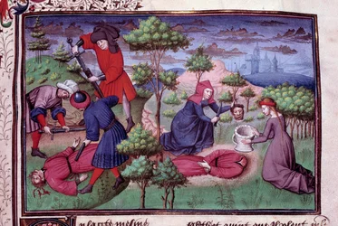 Mordscen med två män vars mördare hugger av deras huvuden. Sida ur ett franskt manuskript av ”Decameron” av Giovanni Boccaccio, kallad Jean Boccace (1313-1375), italiensk författare, illuminerad av Mästaren från Mansel. 1450, Paris, Arsenalbiblioteket