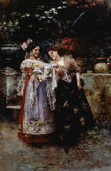 Vacker spets (Två kvinnor med nyfödd baby), av Vincenzo Irolli (1860-1949), olja på duk